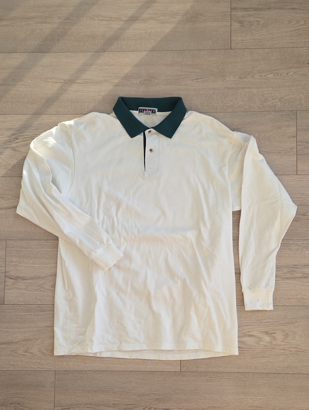 Jerzees Long-Sleeve Polo Shirt in White with Dark Green Collar